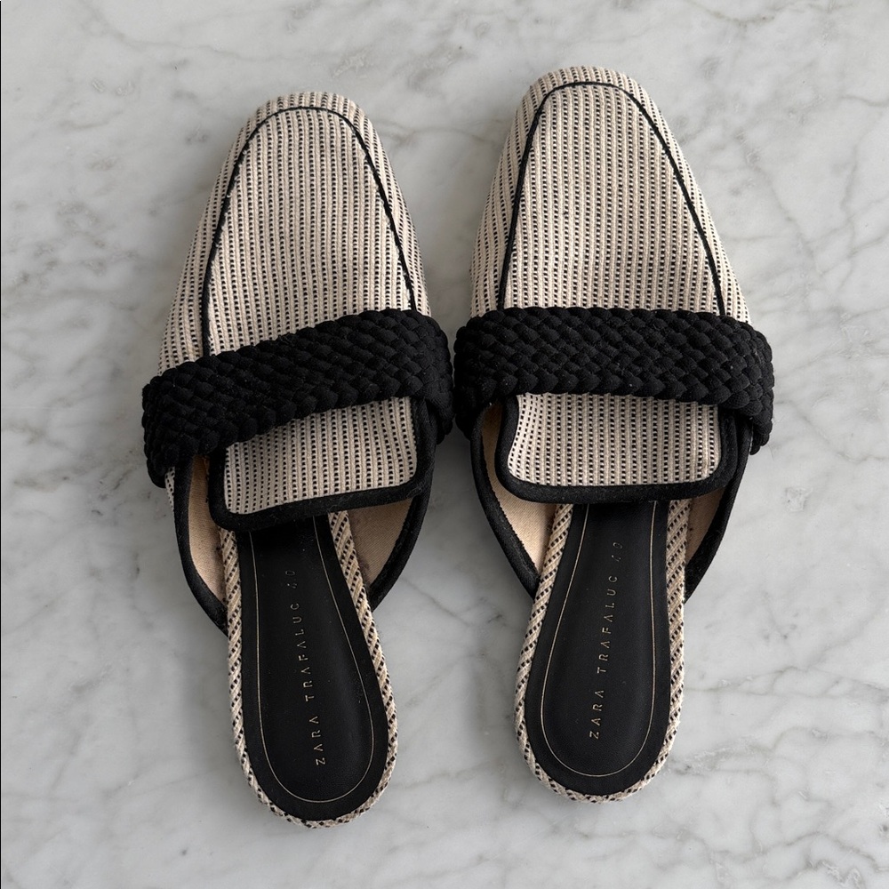 Zara Cream and Black Braided Strap Slip-On Mules